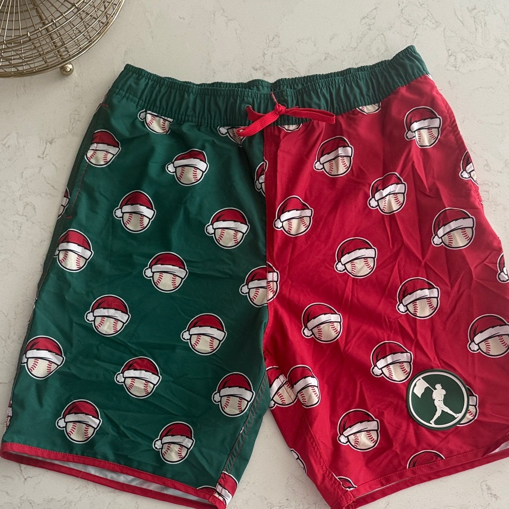 Festive Red and Green Santa Baseball Swim Trunks XXL